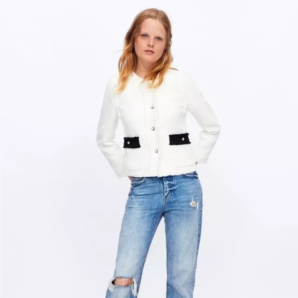 ZARA BLAZER TWEED WHITE BLACK GEM BUTTONS COLLAR DETACHABLE - Picture 3 of 9